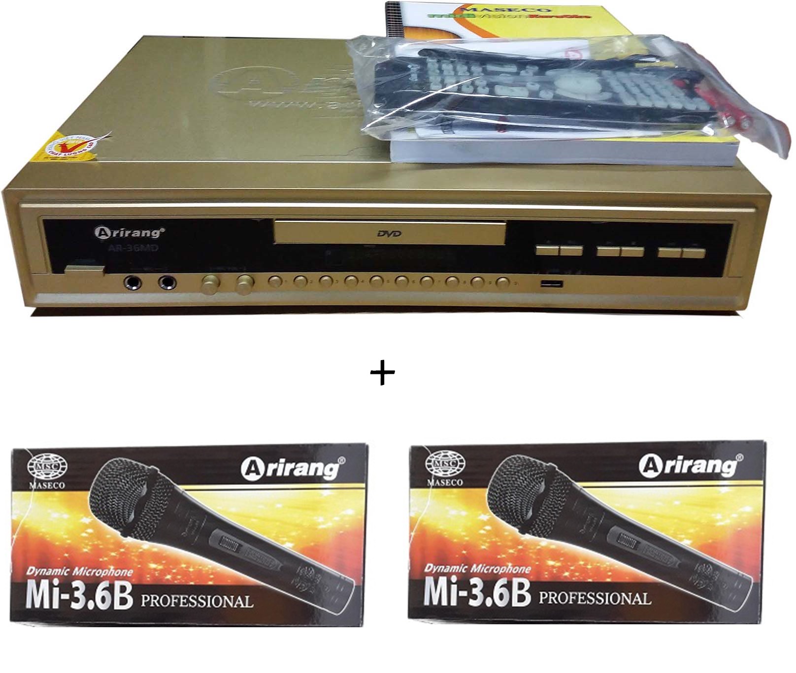 Đầu DVD Karaoke Arirang AR-36MD (vàng) + 2 micro có dây Arirang 3.6B