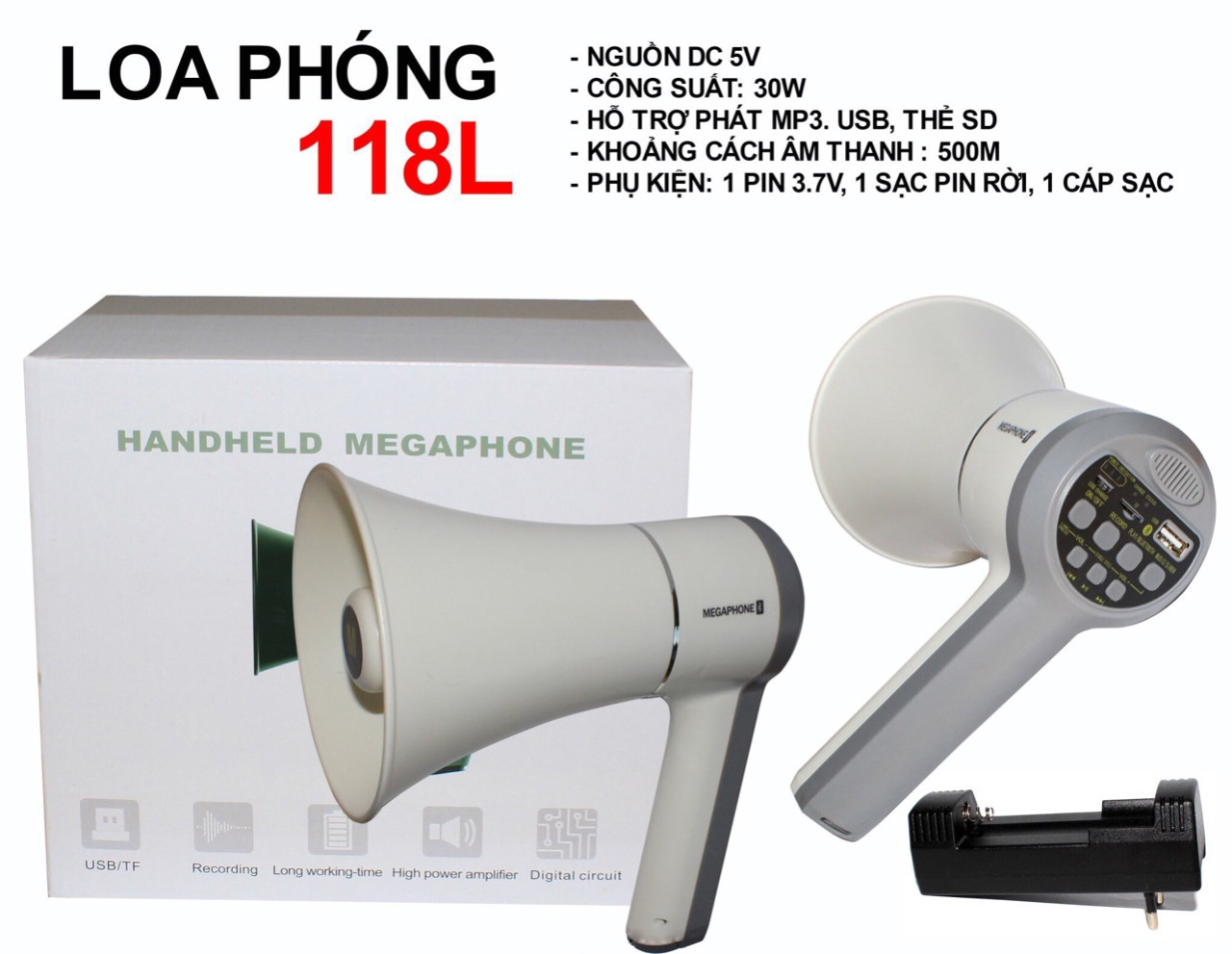 Loa Phóng Thanh Megaphone Ghi Âm Phát Lại Có Cổng USB 118L