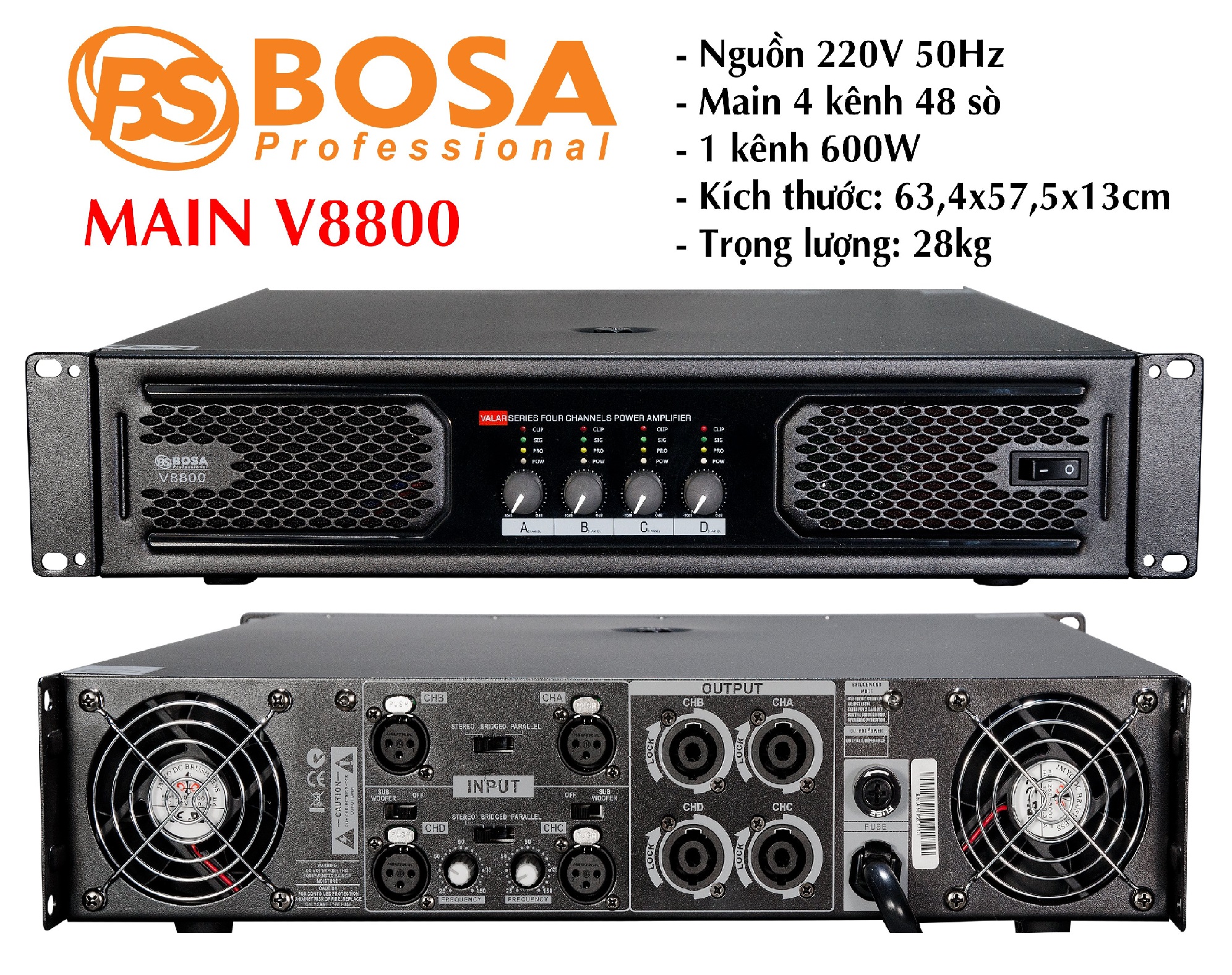 Cục đẩy công suất 4 kênh Bosa V8800