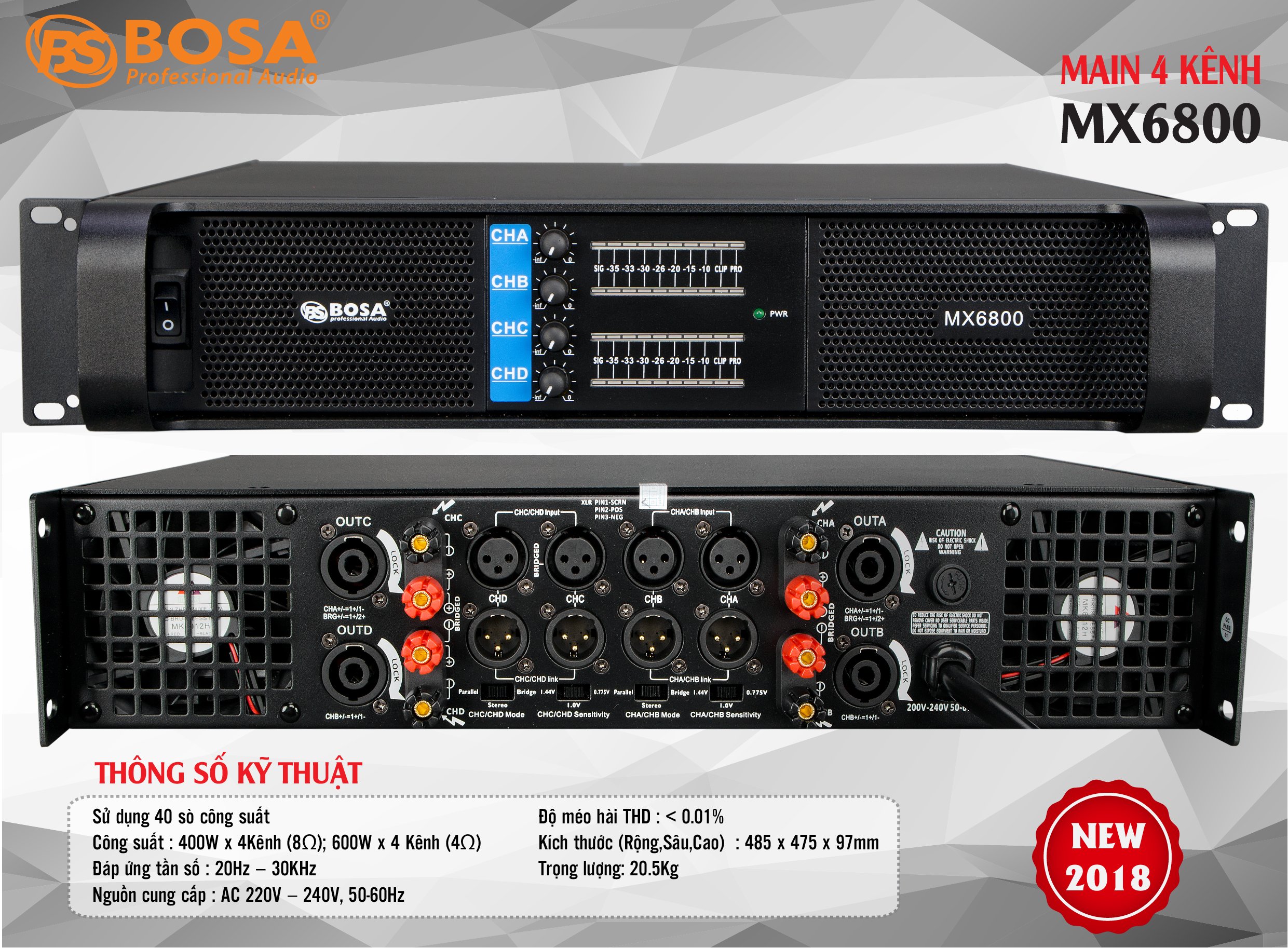 Cục đẩy công suất 4 kênh Bosa MX6800 (48 sò)